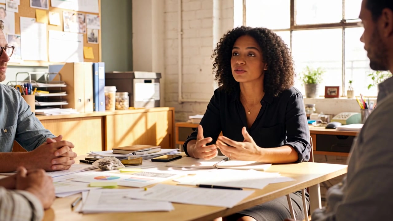 Starting meeting woman in dark blouse presenting plan at office table using pie chart for feedback