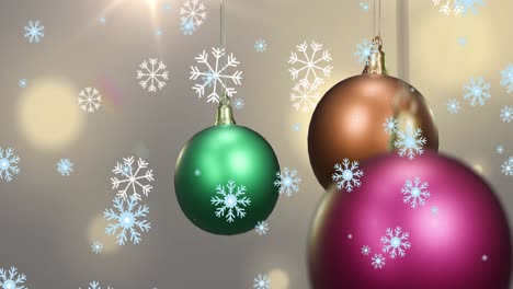 Animation-of-shiny-christmas-baubles-with-falling-snowflakes-over-defocussed-spots-of-light