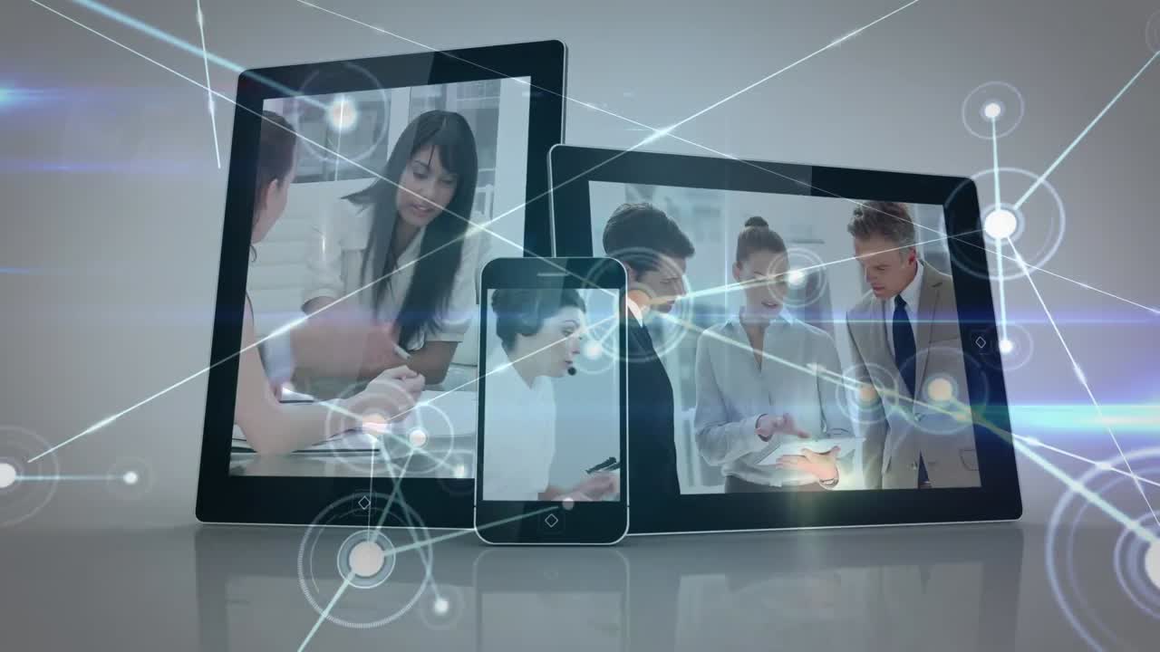 회색 공간 위의 화면에서 다양한 사업가들에 대한 아이콘으로 연결의 애니메이션