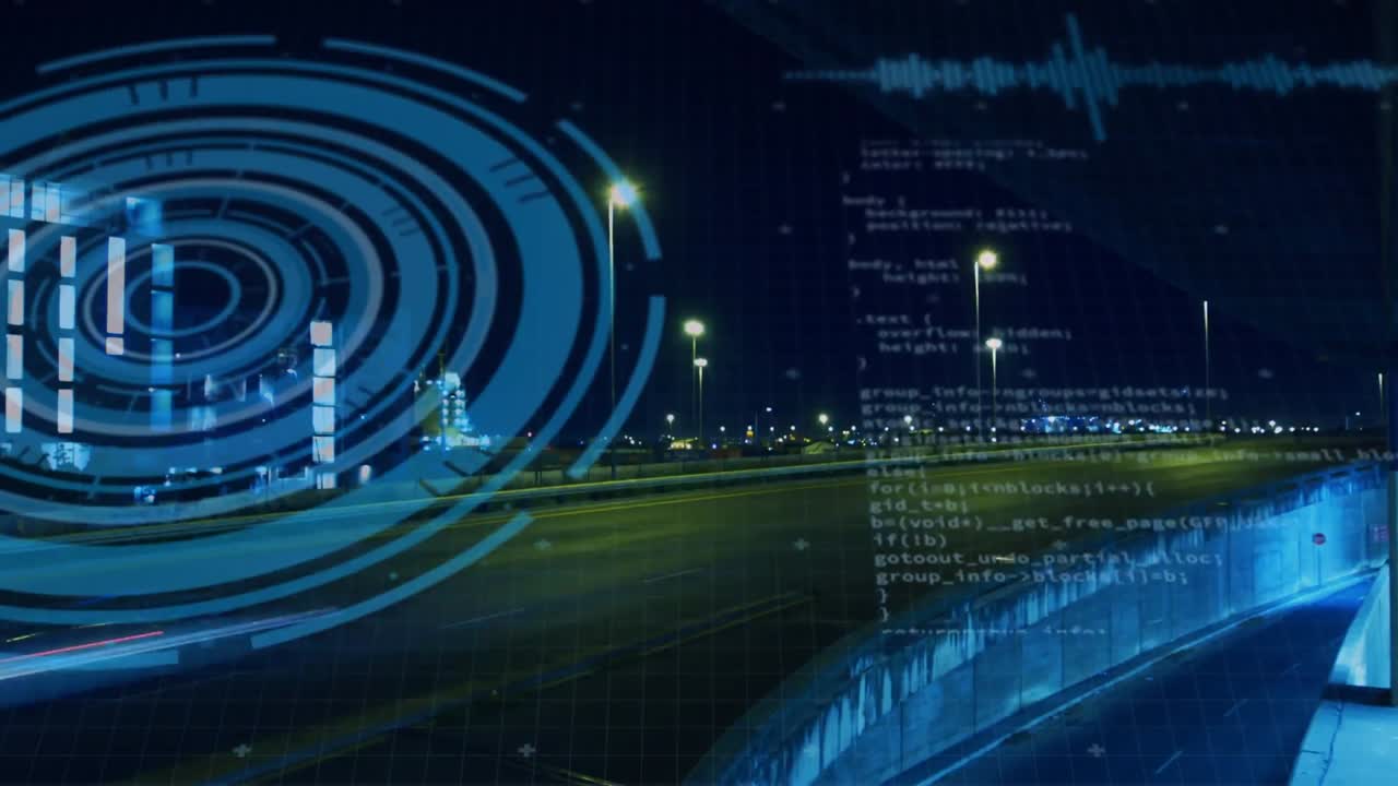 Animation of circles and computer language over time-lapse of moving vehicles on street