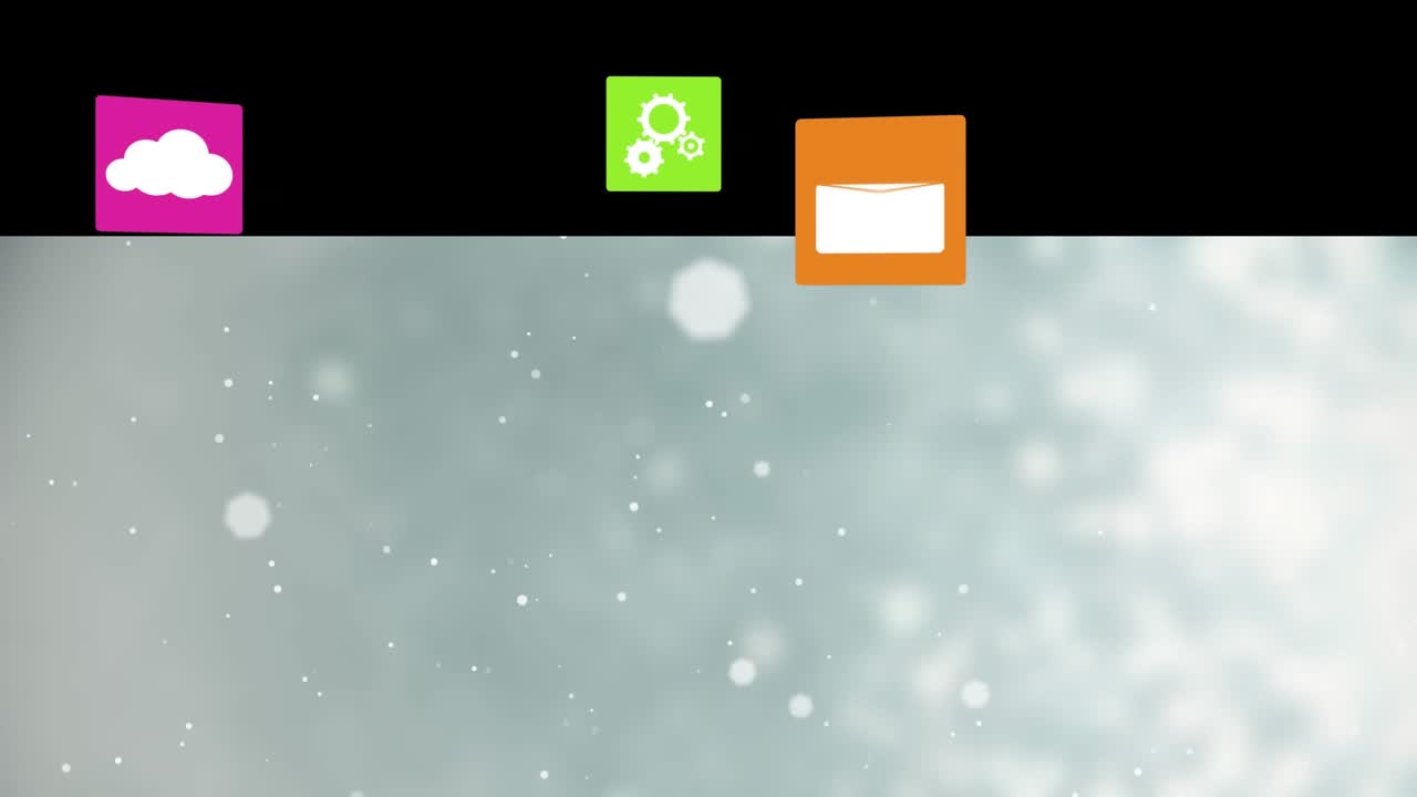 Animation of floating multiple icons in multicolored squares against abstract background