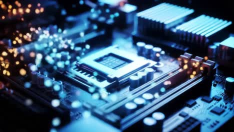 a close-up exploration of a modern computer circuit board highlighting the intricacies of microchips and electrical components in action
