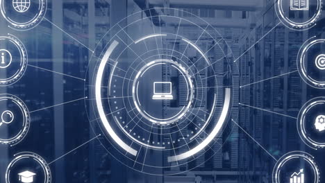 animation of network of connections with icons and data processing over computer servers