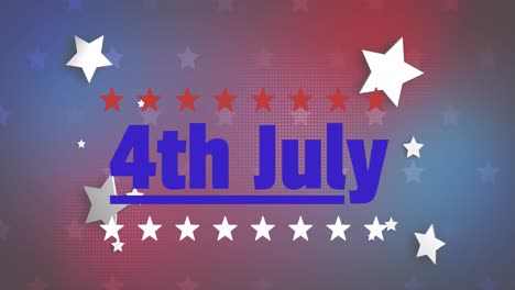 animation of 4th july text, independence day, with white stars on red and blue background