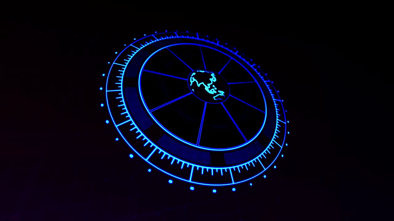 interfaz hud con tecnología planet earth zoom en azul en imágenes de video renderizadas en 4k oscuro.