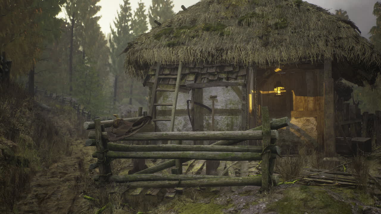 Rustic wooden cabin nestled in a tranquil forest during misty autumn morning