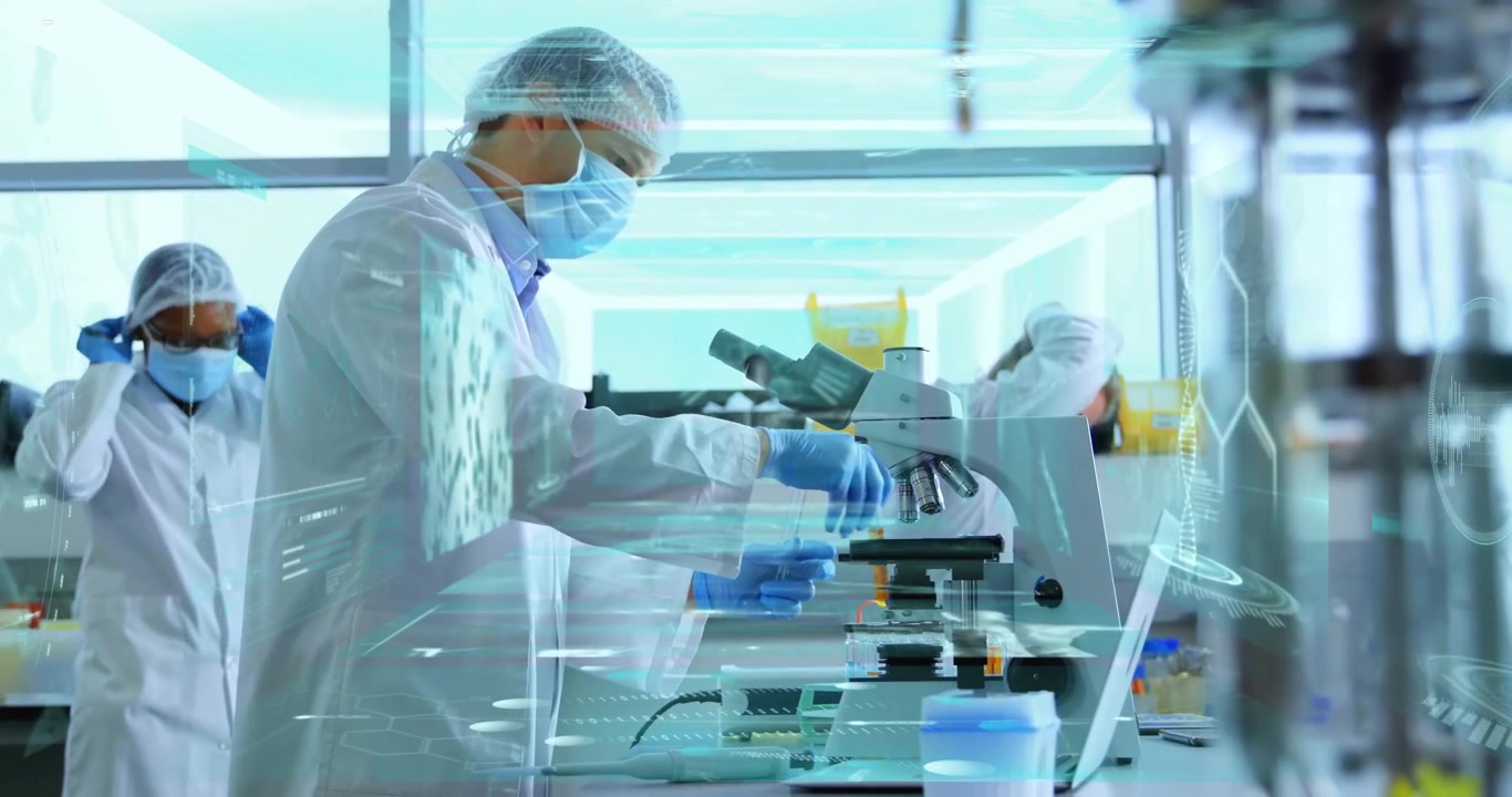 Using microscope, scientist analyzing digital data overlay in school laboratory