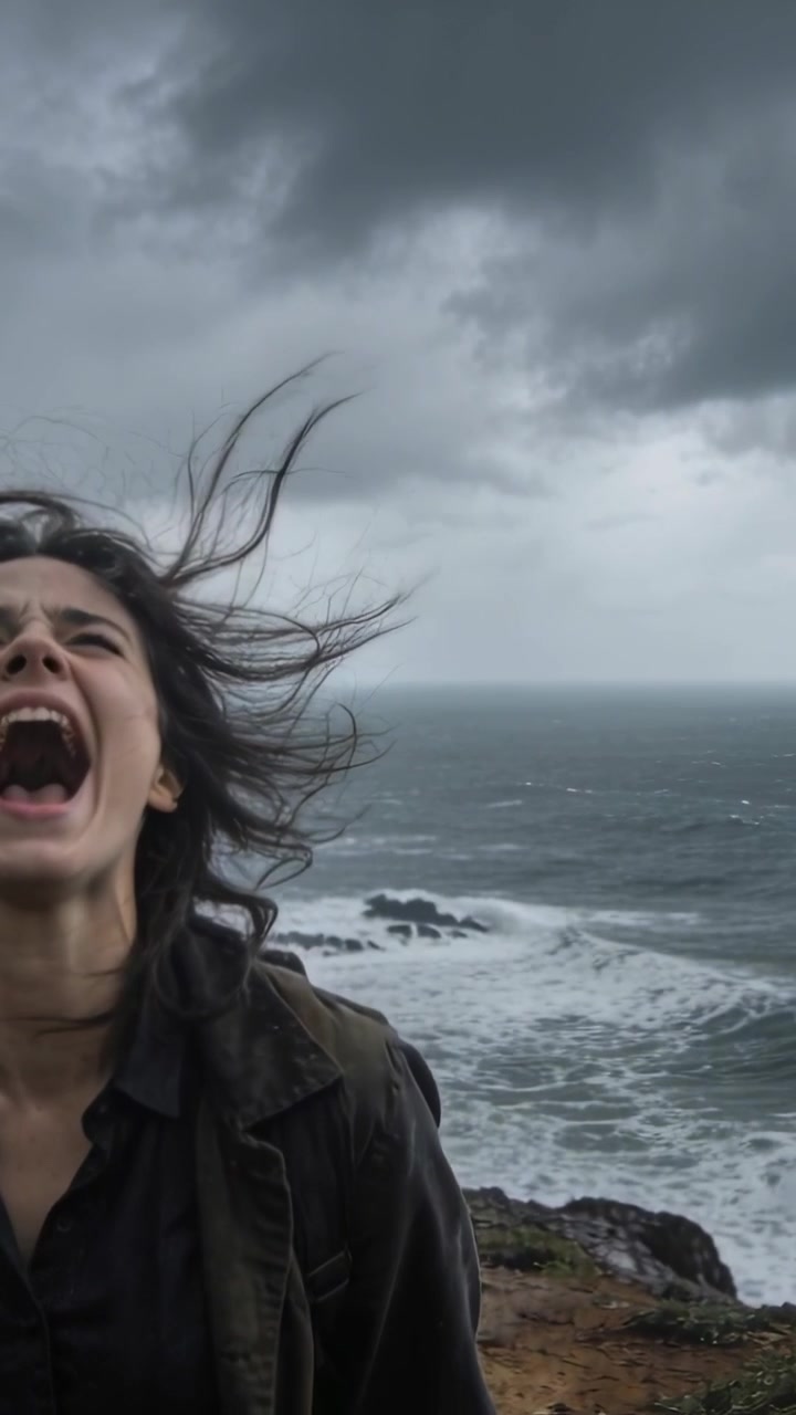 Video vertical: Mujer gritando con chaqueta y mochila al borde de un acantilado, reaccionando a una tormenta, espacio para texto.