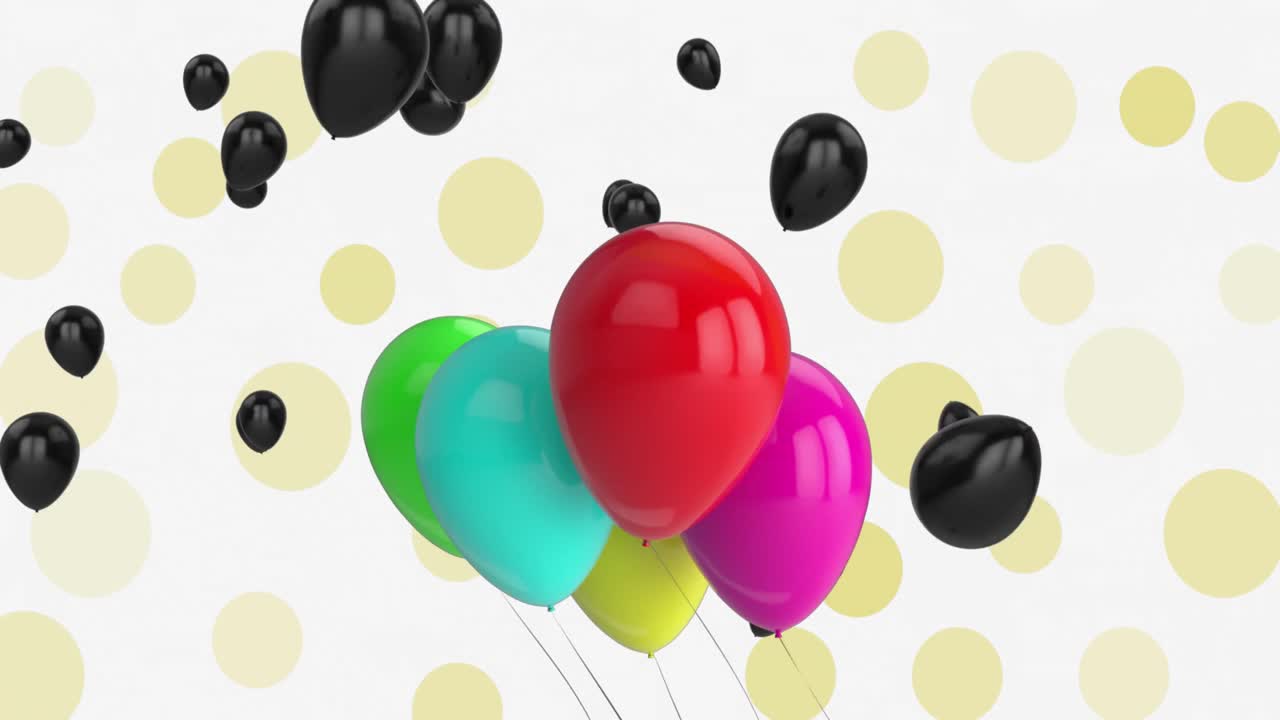 animación de globos multicolores sobre círculos contra un fondo blanco