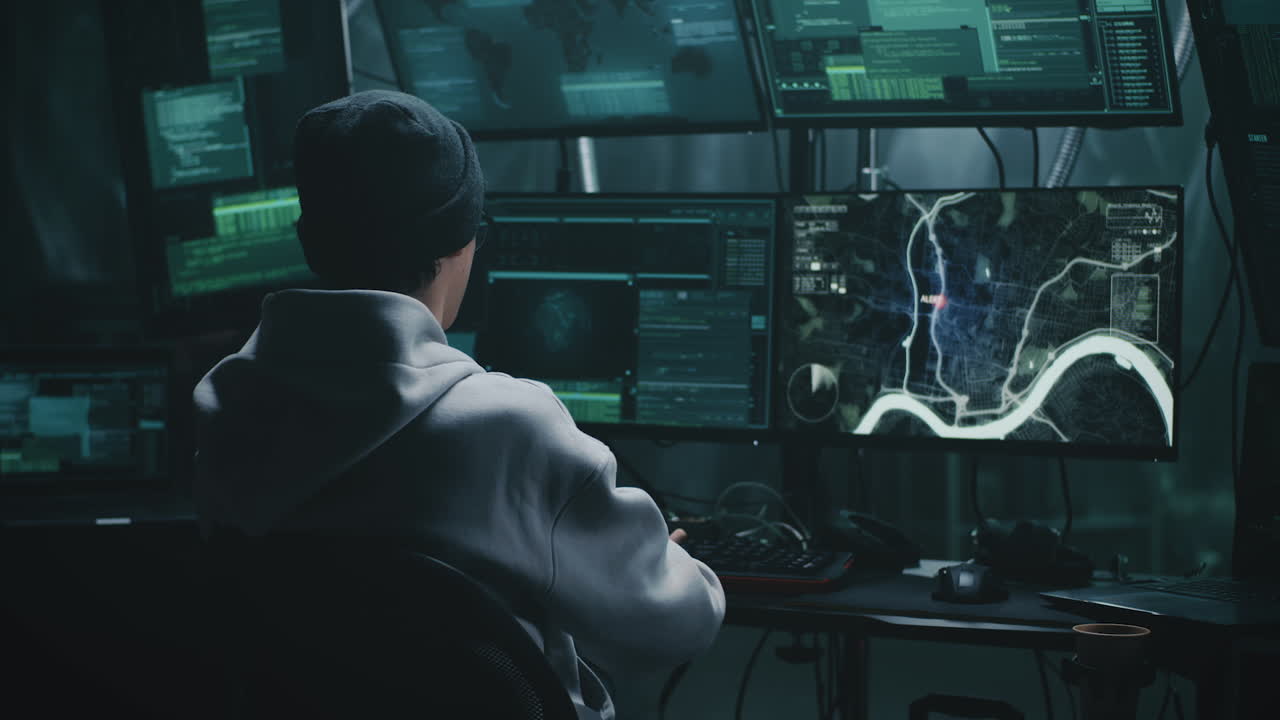 다중 해커 모니터가 있는 어두운 방에서