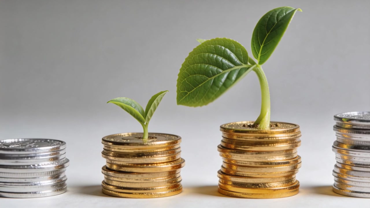 Growing seedlings sprouting on two central gold coin stacks on white tabletop during time-lapse