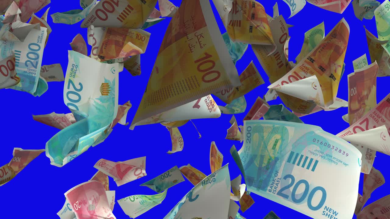 파란색 크로마 키 4k 루프에 떨어지는 이스라엘 새 셰 지폐