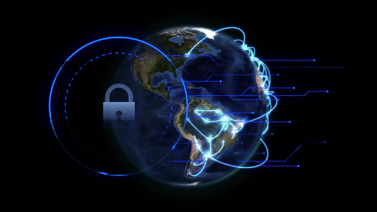 Vertikal video: Roterende CGI-globus som viser pulser fra Vest-Afrika, danner neonbuer og HUD-lås