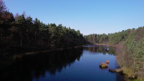 Cinematic-aerial-drone-footage-flying-backwards-high-above-a-frozen-loch-surrounded-by-a-forest-of-native-Scots-pine-and-birch-trees-in-Scotland-with-clear-blue-skies-in-winter