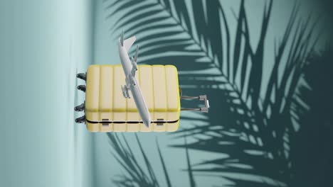 aeroplane flying in front of yellow suitcase, 3d render, animation,travel, tropical holiday background, vertical