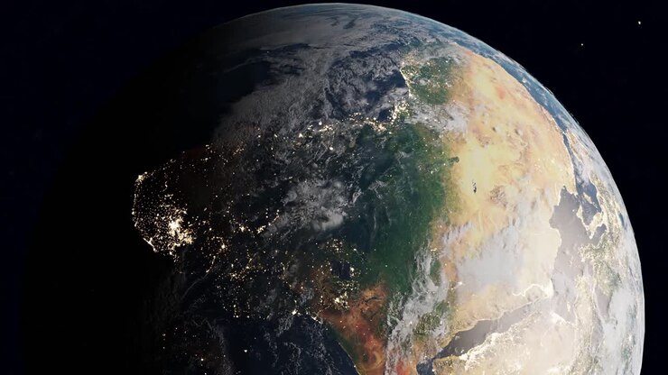 Terra vista do espaço com África e Europa à noite, vertical