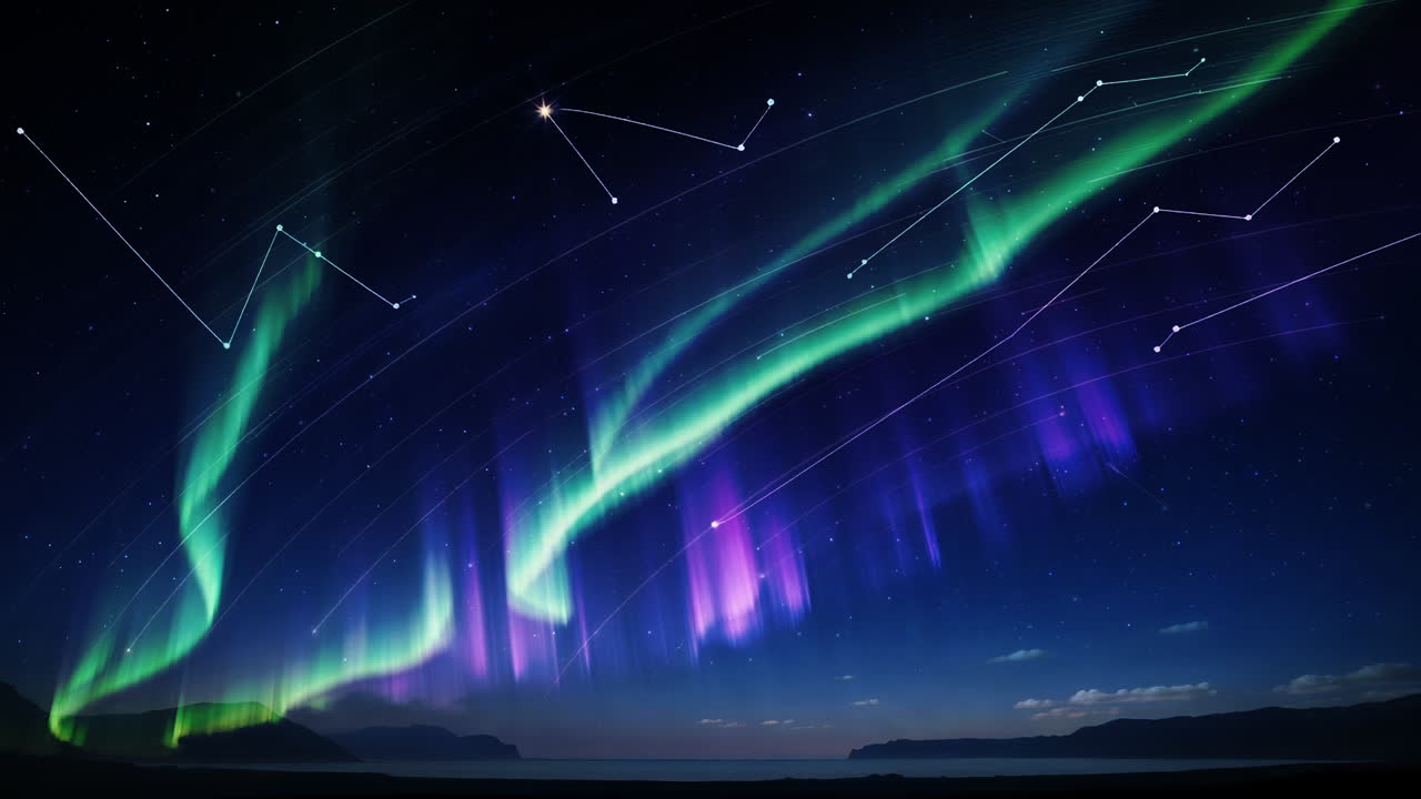 Aurora Boreale con Scie Stellari e Costellazioni