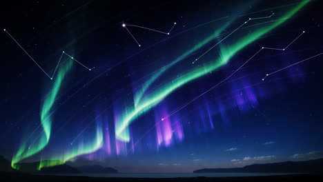northern lights with star trails and constellations