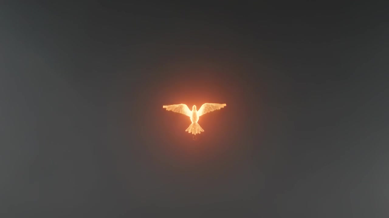 Emerging bird emblem brightening and pulsing orange halo on dark gray backdrop, signaling start
