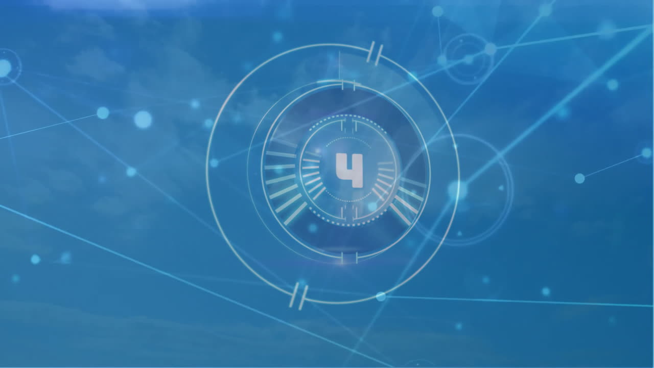 파란색 배경에서 카운트다운과 함께 연결 네트워크와 범위의 애니메이션