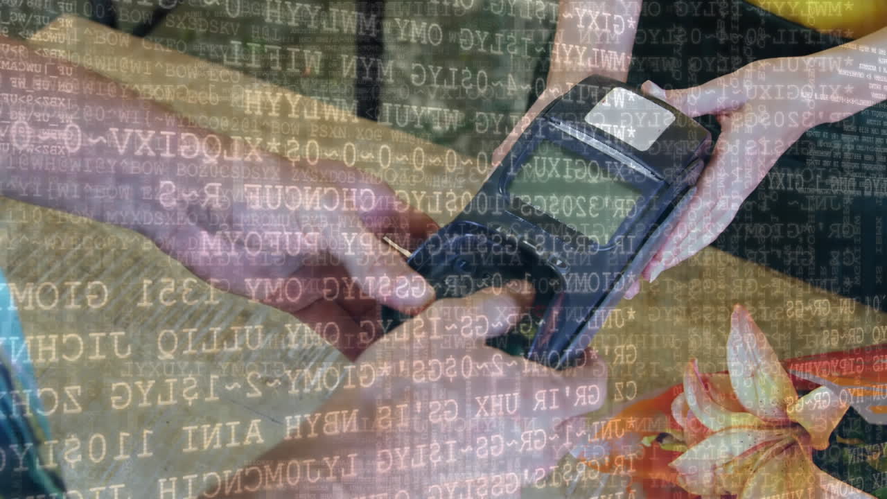 Animation of data processing over Caucasian man standing in a cafe, paying with a credit card