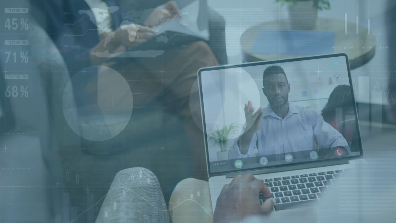 Animation of infographic interface and african american colleagues discussing over video call