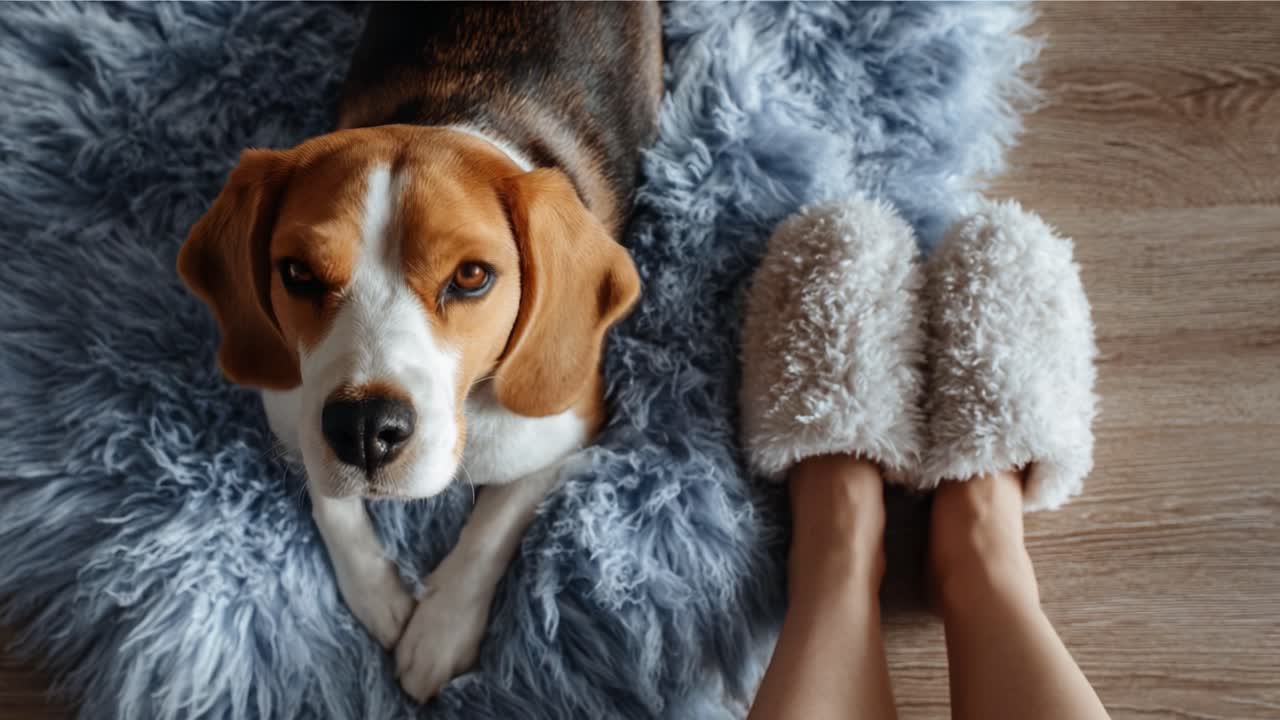 A Cozy Beagle Relaxing on a Soft Rug Next to Feet in Fluffy Slippers, Capturing a Warm and Serene Moment at Home