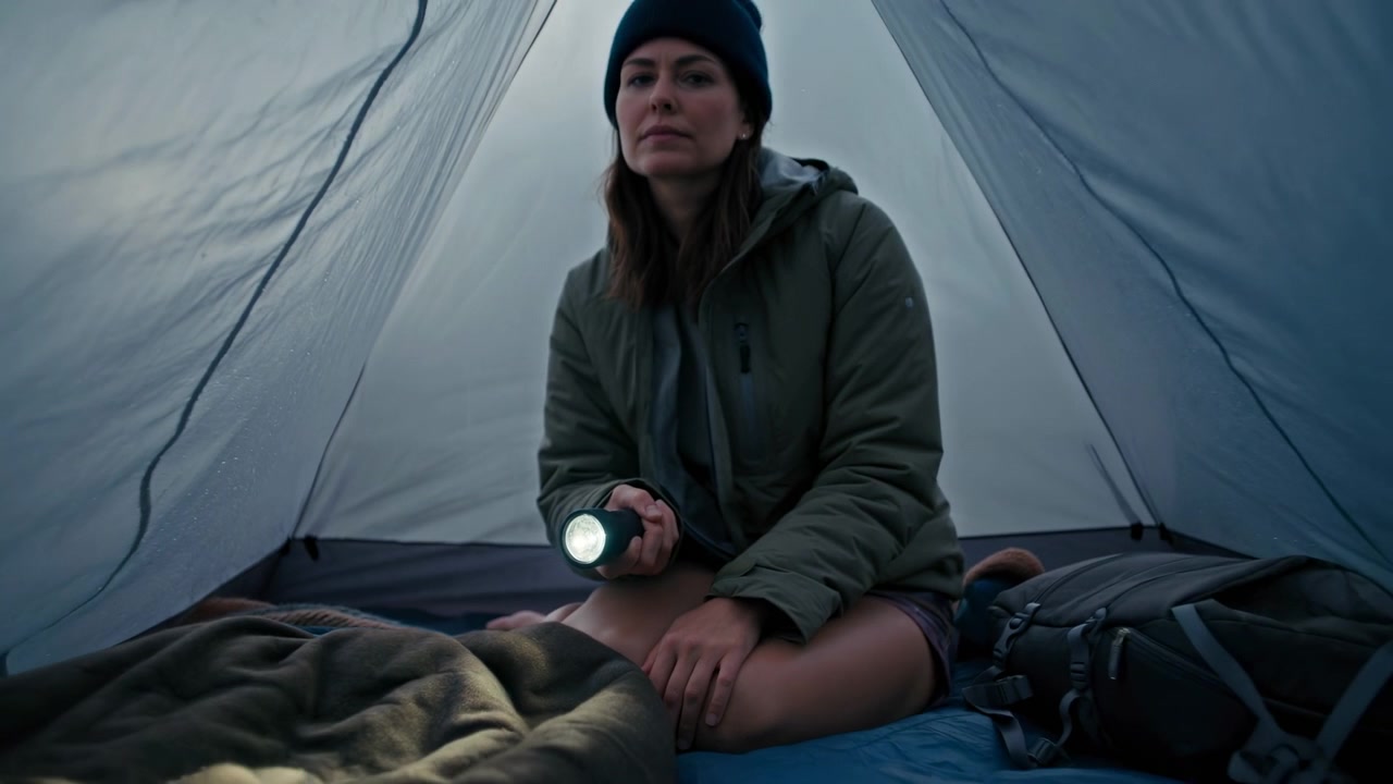 Steady flashlight remains aimed forward while camera pulls back to show woman sitting on layered bedding inside pale fabric tent, with backpack resting at her side in dim soft light.