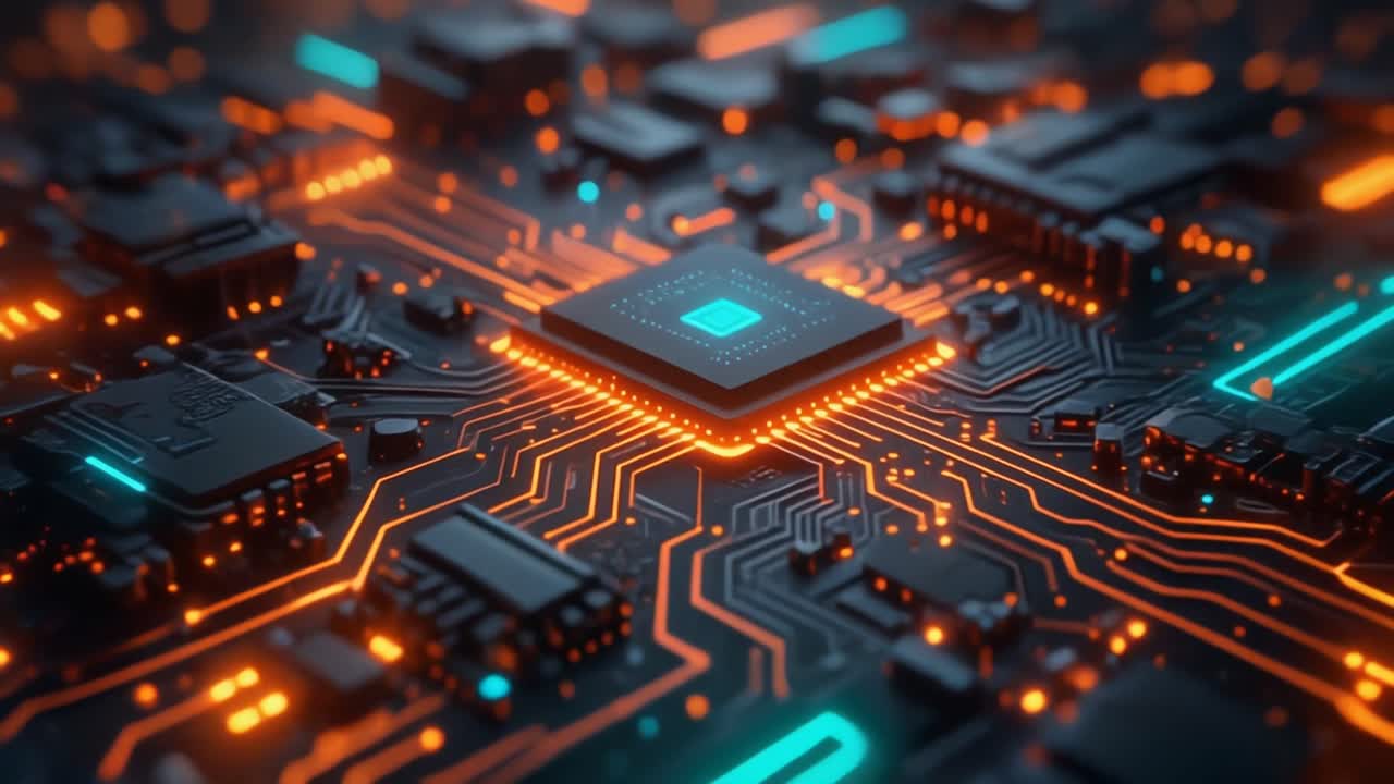 Nærbillede af en glødende mikrochip på et futuristisk printkort