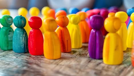 un grupo de personas de madera coloridas de pie en una fila en una mesa