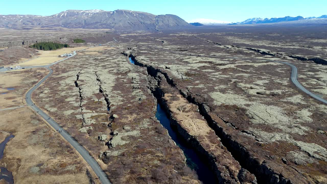 Aerial drone view of the amazing break between tectonic plates in the Thingvellir National Park, Iceland