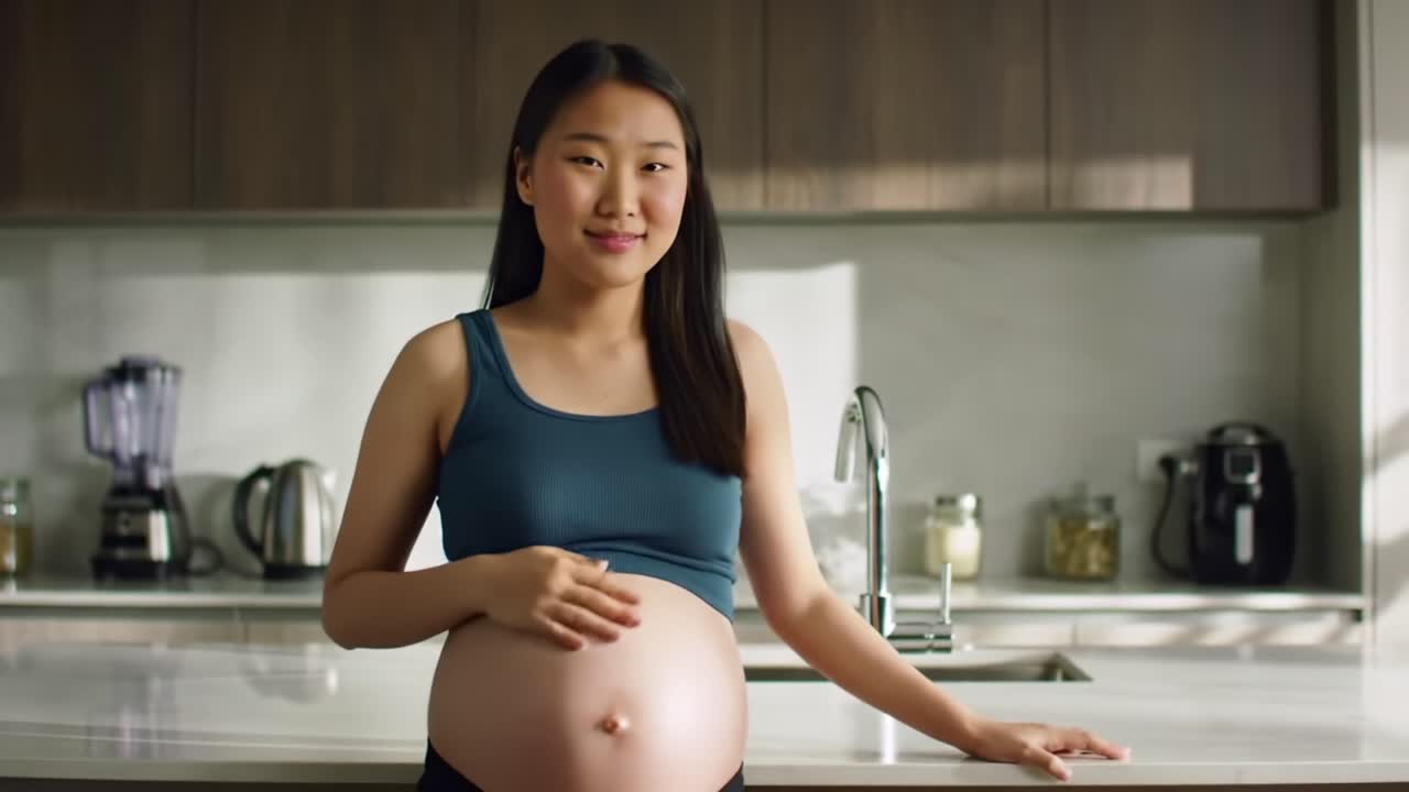 A Journey into Motherhood: Capturing the Essence of Pregnancy in a Modern Kitchen Setting with a Young Woman Embracing Her Beautiful Baby Bump
