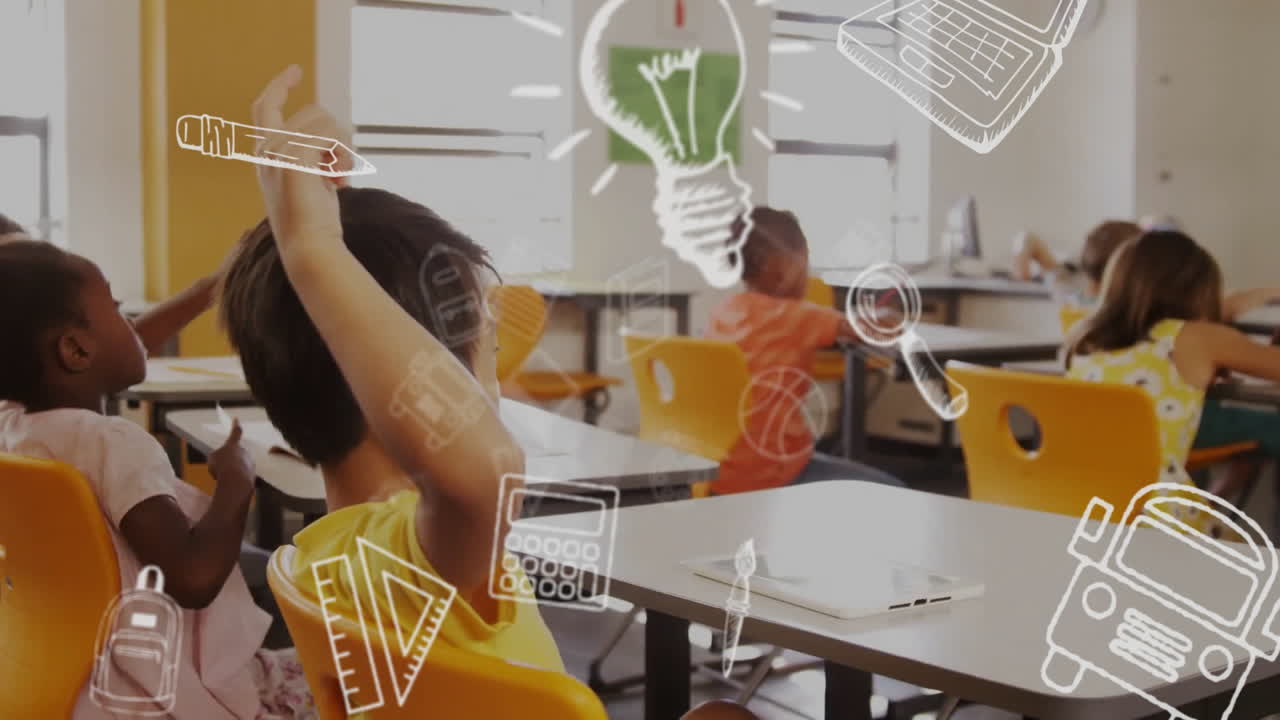 Animation of education school icons over diverse school children in classroom