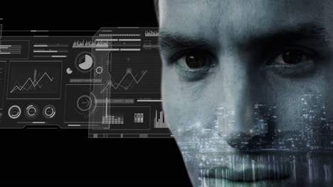man's face with futuristic digital interface and graphs in animation style