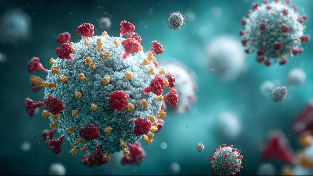 Detailed Viral Particle Floating With Surface Proteins in Blue Microscopic Space