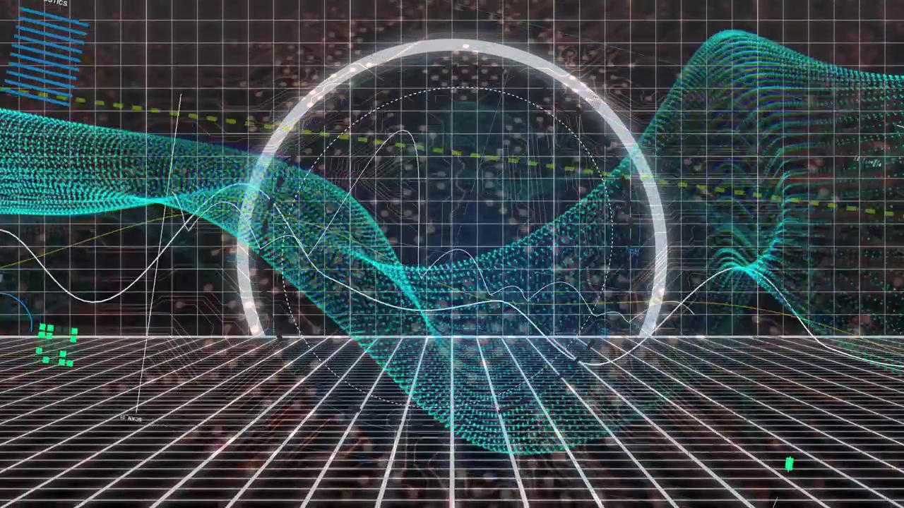 Turquoise mesh entering from left sweeping through luminous ring, undulating and showing data peaks