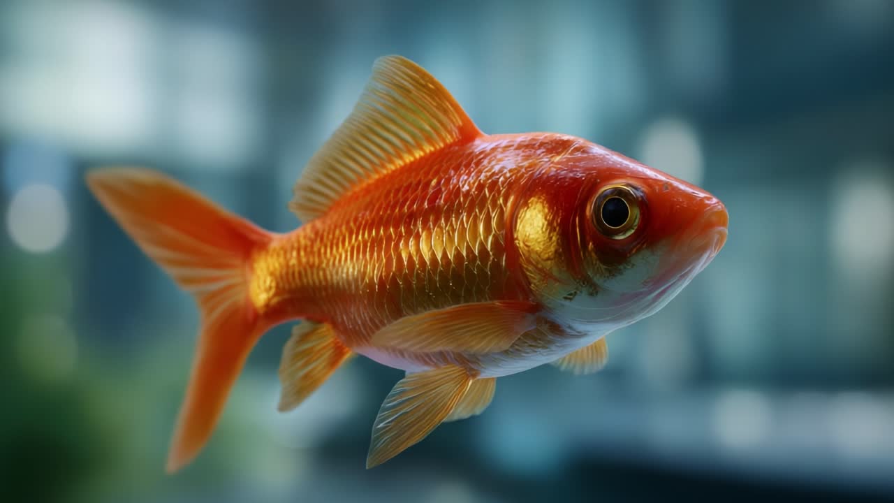 En smuk guldfisk, der svømmer elegant i et undervandsmiljø og viser sine levende farver og unikke finner i en fantastisk vandscene