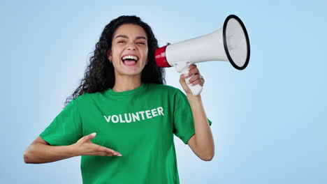 Woman,-volunteer-speaking-and-megaphone