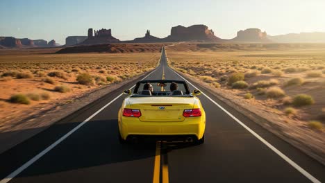 A Vibrant Yellow Convertible Driving Down an Endless Desert Highway, Surrounded by Majestic Rock Formations Under a Clear Sky