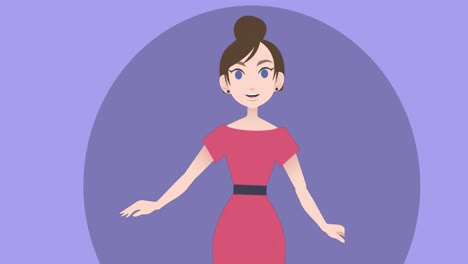 animation of caucasian businesswoman making presentation on purple background