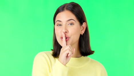 wink, secret and face of a woman on a green screen