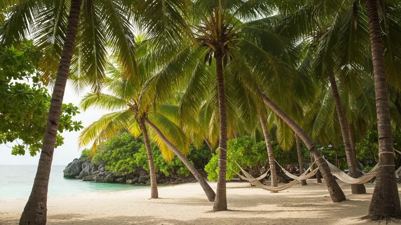 Serene Tropical Paradise: A Tranquil Beach Escape with Hammocks Nestled Under Lush Palm Trees and Crystal Clear Waters Awaiting Relaxation and Adventure
