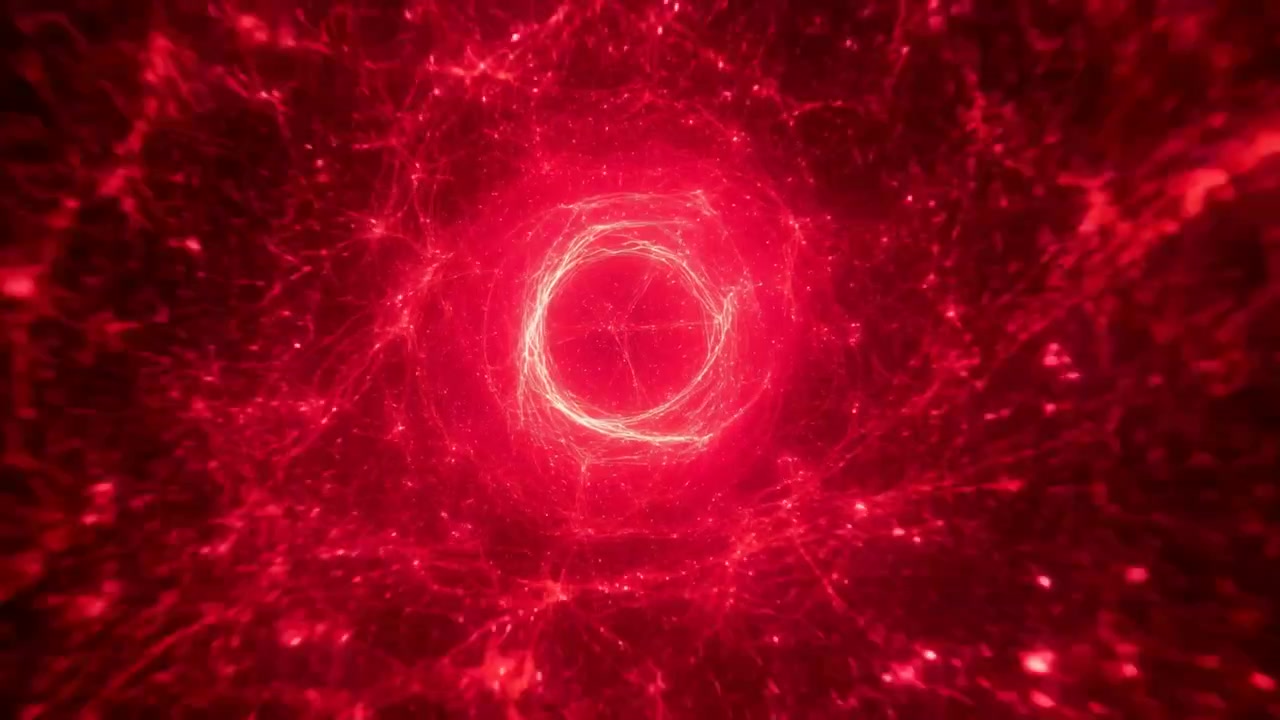 Brightening central ring expanding halo with frames advancing in red filaments, reacting to energy