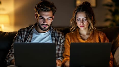 couple working on laptops at home in the evening