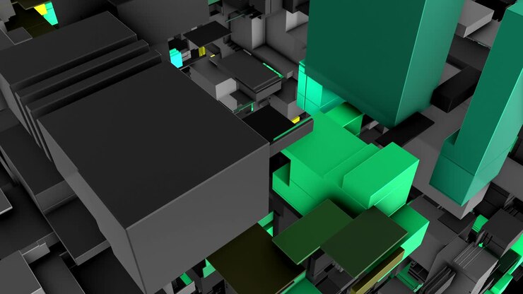 Renderização 3D abstrata de superfície com cubos aleatórios e formas eletrônicas.