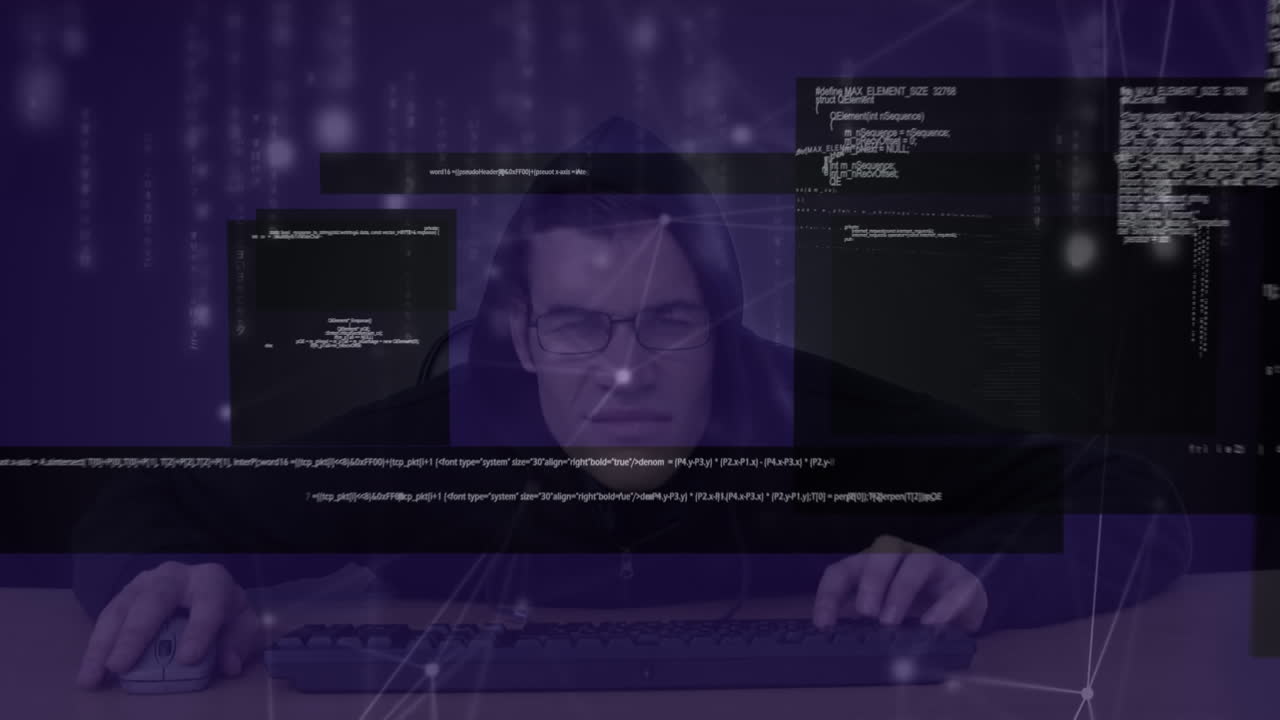 Animation of data processing and network of connections over caucasian hacker