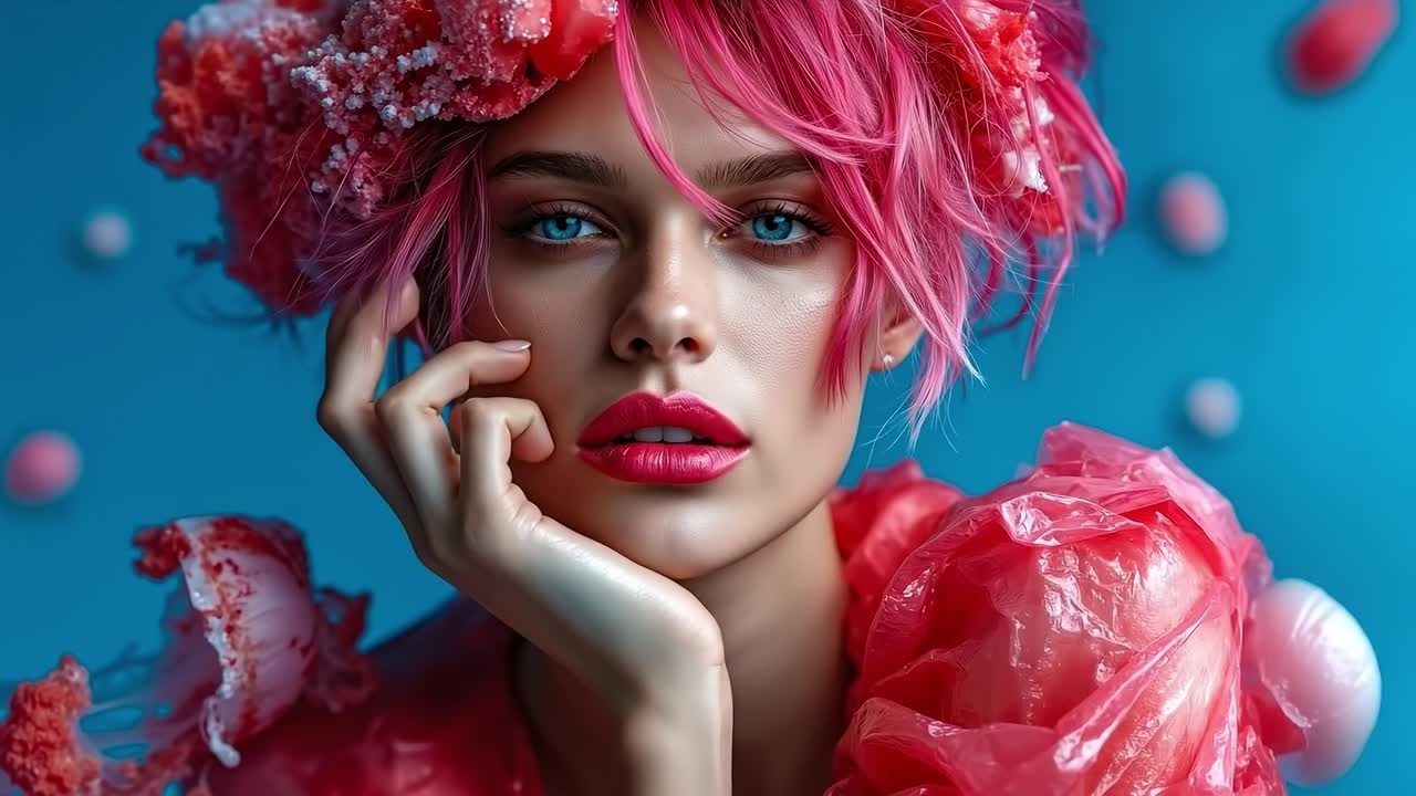 una mujer con cabello rosa y una corona de flores en la cabeza