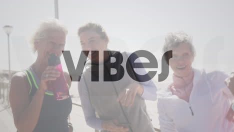 animation of vibes text over senior women exercising in seaside