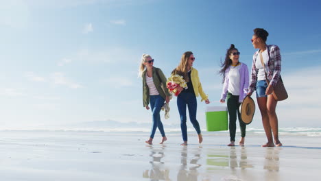 happy group of diverse female friends having fun, walking along beach