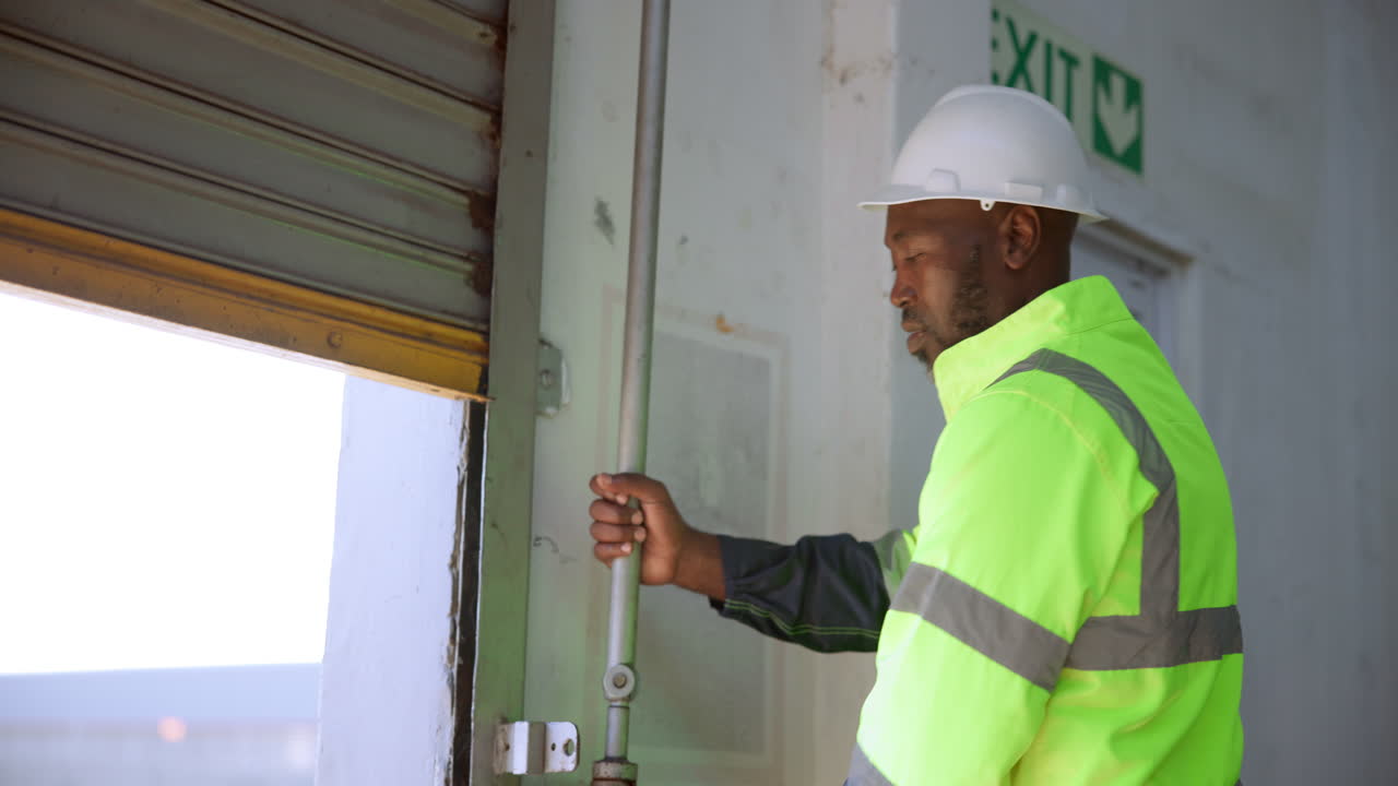 Construction worker opening warehouse door